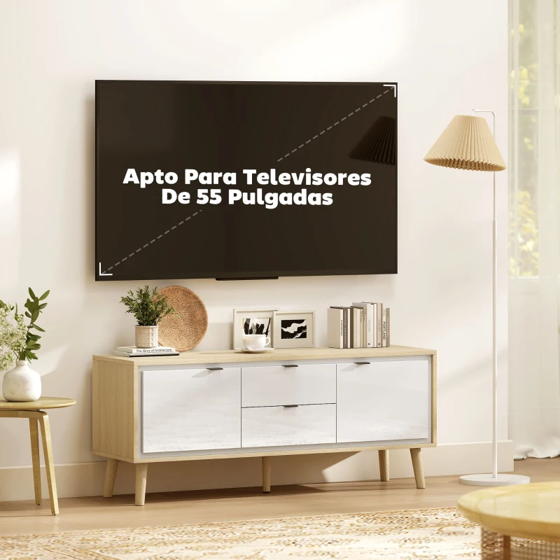 HOMCOM Mueble de TV Moderno de 2 Puertas 2 Cajones Orificios y Estantes Extraíbles 120x35x50 cm Blanco Brillo y Roble