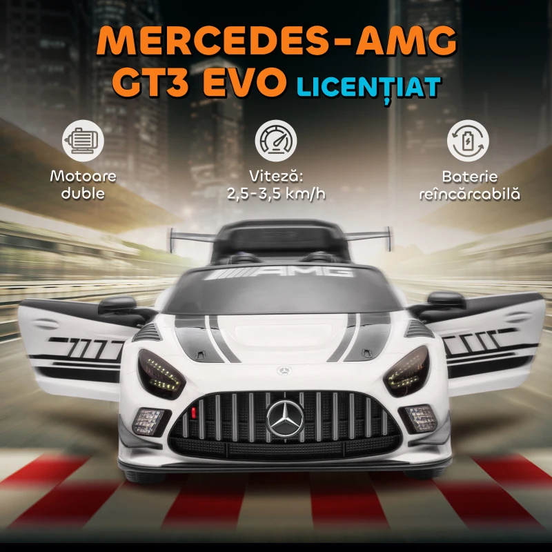 AIYAPLAY Auto Electric pentru Copii de 3-8 Ani Mercedes-AMG 12V cu Telecomandă, Faruri LED, Roți pentru Transport, Alb