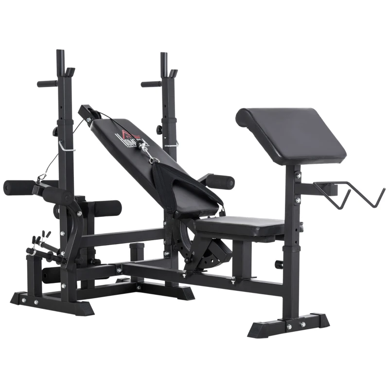 HOMCOM Banco de Pesas Banco de Musculación Multifuncional con Respaldo Reclinable y Altura Ajustable para Entrenamiento Fitness en Casa 210x110x103-123 cm Negro