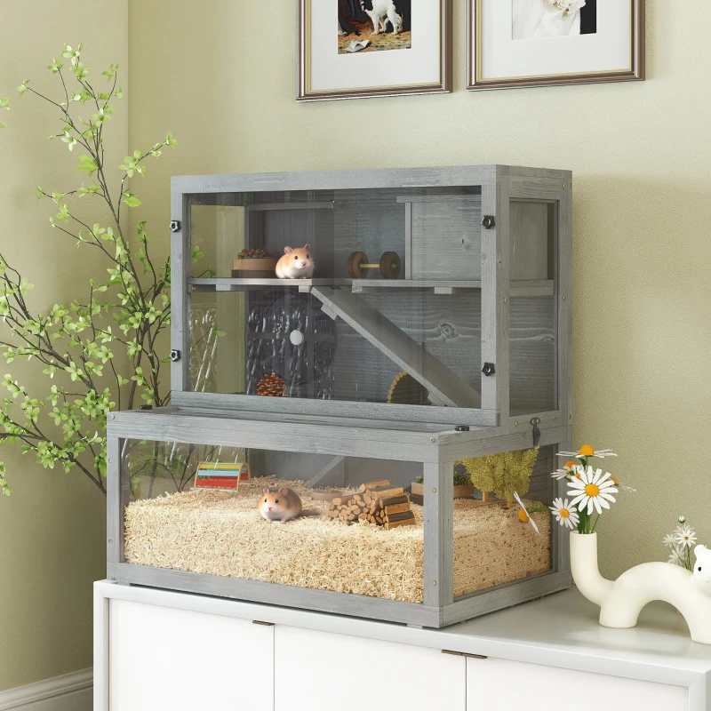 PawHut Cage Hamster en Bois, 3 Niveaux avec Cabane, Roue, Rampes, Panneau Transparent, Espaces Séparés, 80x50x84cm, Gris