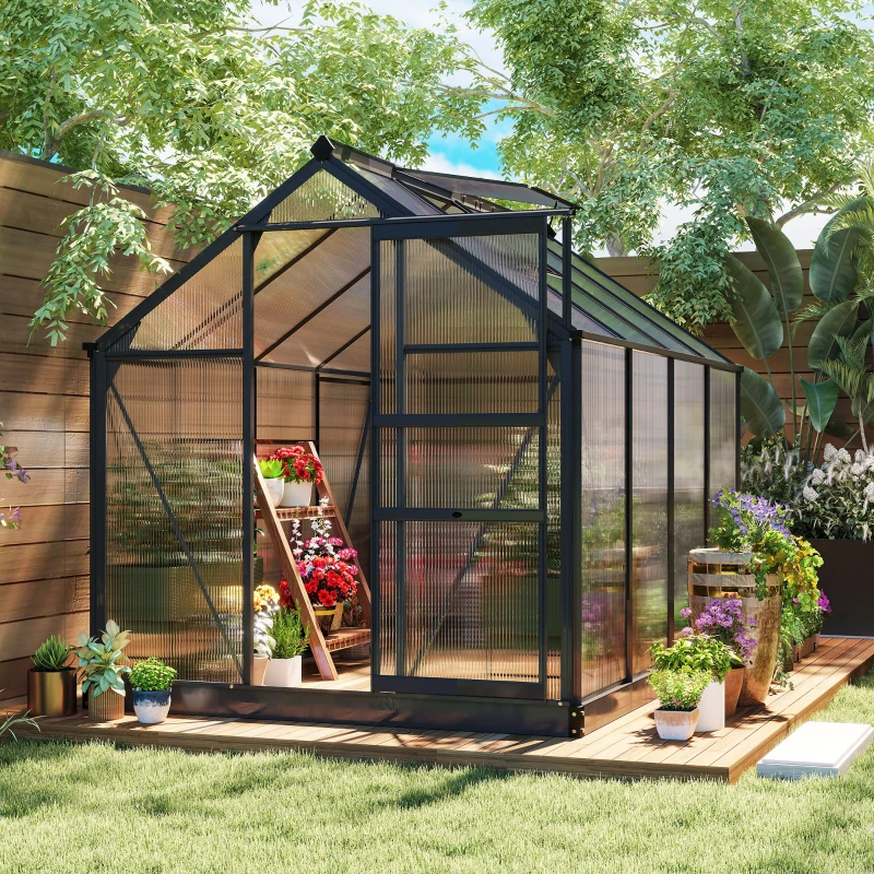 Outsunny Seră din Policarbonat, Seră Exterioară Durabilă cu Cadru din Aluminiu, Ușă și Fereastră pentru Ventilație, 6,2'x8,3'x6,6' Gri