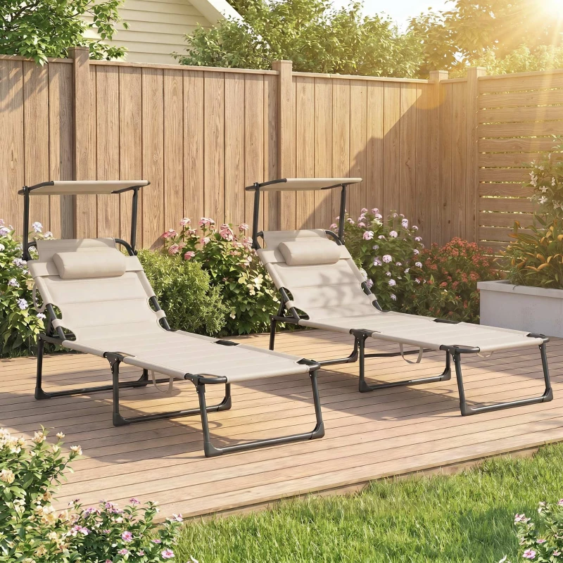 Outsunny Lot de 2 Bains de soleil transats pliables grand confort dossier pare-soleil réglables multi-positions, crème
