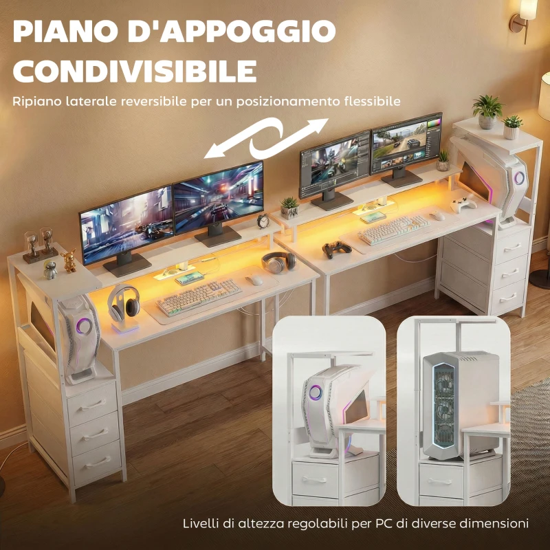 HOMCOM Scrivania Gaming 147 cm, Tavolo per Computer con Supporto CPU Regolabile e Reversibile, Luci RGB, Prese di Alimentazione, Porte USB e USB-C, Supporto Monitor e 3 Cassetti in Tessuto, Bianco