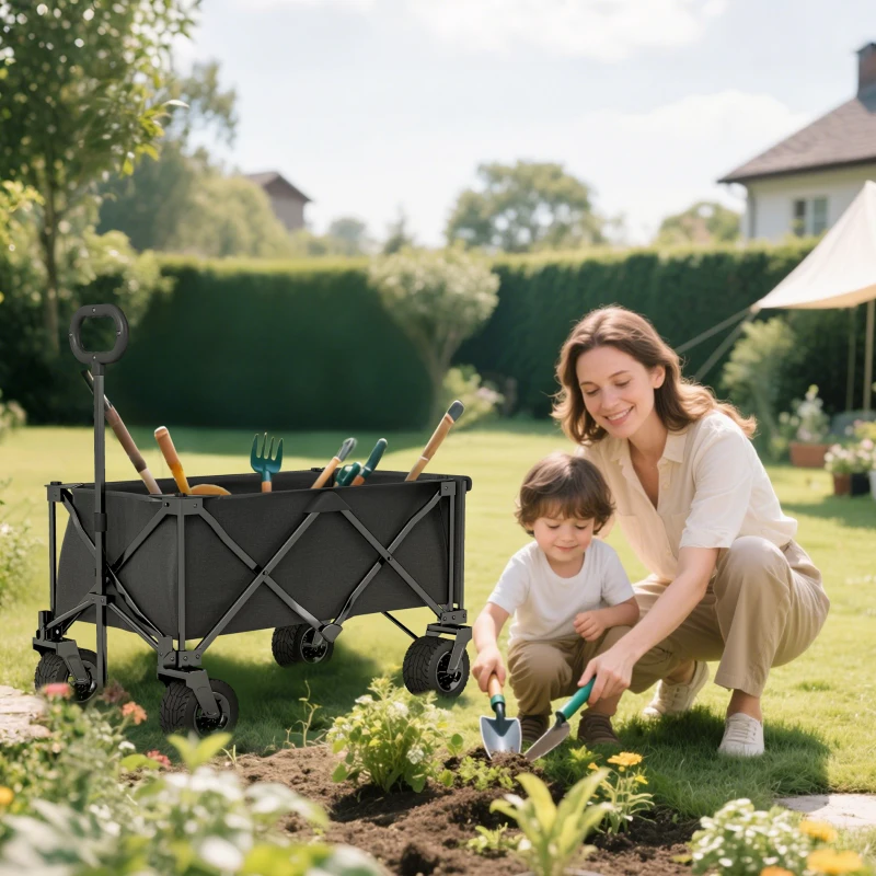Outsunny Carrito de Jardín Plegable con Ruedas Grandes Todo Terreno y Mango Ajustable Carga 100 kg para Campaña Compra Negro
