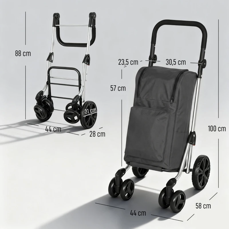HOMCOM Trolley de compras, bolsa de 46 litros, carrinho dobrável com bolsa térmica, alça ajustável, estrutura de alumínio, cinza escuro
