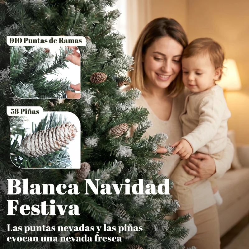 HOMCOM Árbol de Navidad Artificial 180 cm con 910 Ramas con Nieve 58 Piñas y Soporte Metálico Plegable Fácil Montaje Verde