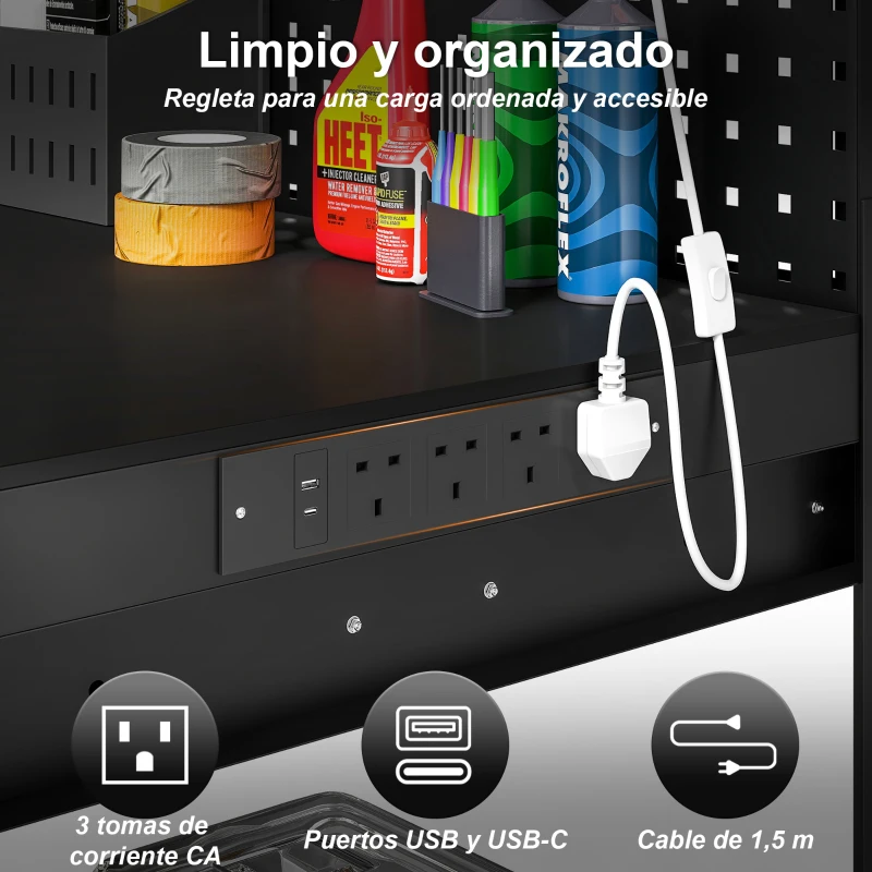 HOMCOM Banco de Trabajo Carga 272 kg 110x60x150 cm con Tableros Perforados Metálicos Toma de Corriente Luces LED Cajones Negro