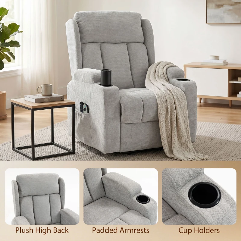 HOMCOM Fauteuil Releveur Électrique Massage et Chauffage, Fauteuil Relax Électrique en Chenille, Appui-tête Pliable, Gris Clair