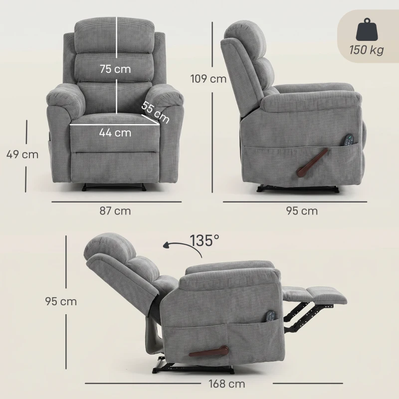 HOMCOM Sillón relax con masaje y calor, reposacabezas ajustable y función ahorradora de espacio, gris
