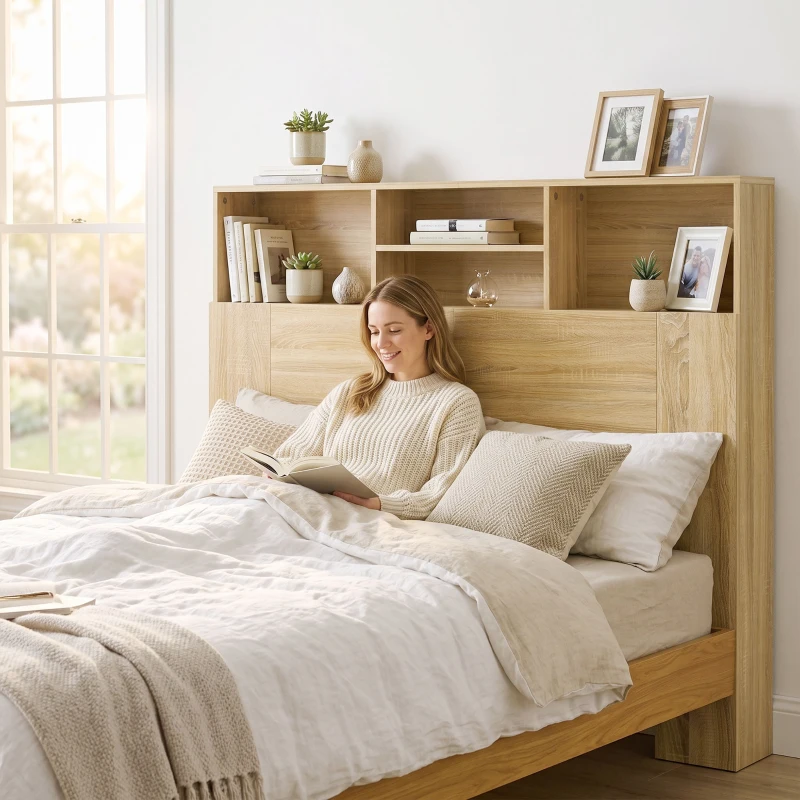 HOMCOM Cabeceira de Cama 140 cm com Arrumação e 4 Compartimentos Abertos, Carvalho