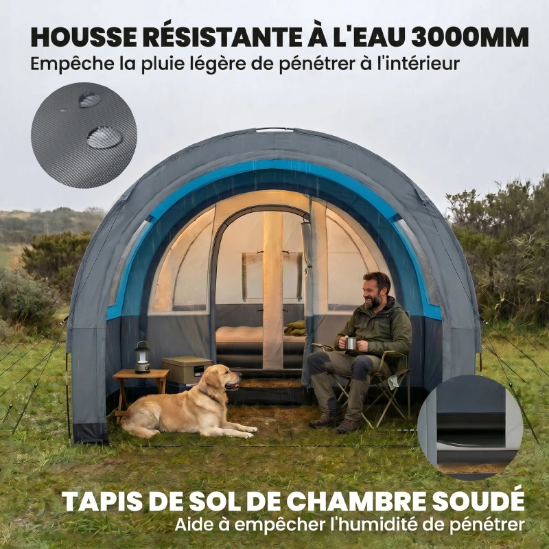 Outsunny Tente de camping 3 personnes avec 2 portes de chambre et sac de transport, dim. 480x260x200 cm