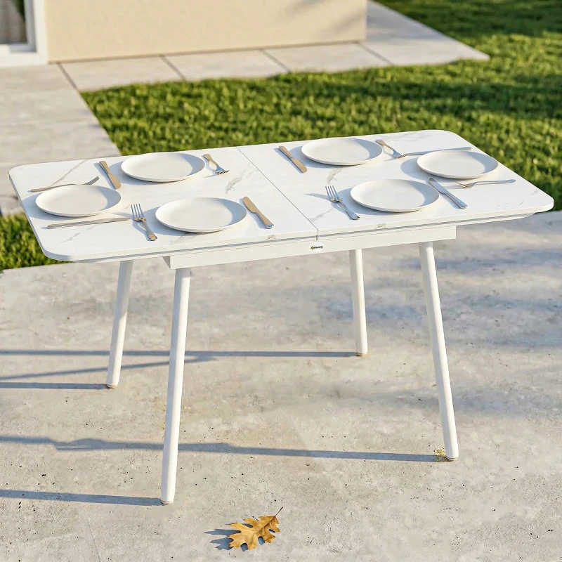 Outsunny Table de Jardin Rectangulaire pour 4-6 Personnes, Plateau en WPC et Cadre en Métal, Pieds Réglables, 140x80x75cm, Blanc