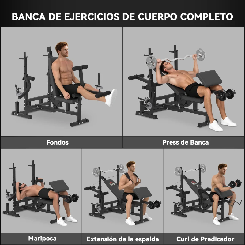HOMCOM Banco de Pesas Banco de Musculación Multifuncional con Respaldo Reclinable y Altura Ajustable para Entrenamiento Fitness en Casa 210x110x103-123 cm Negro