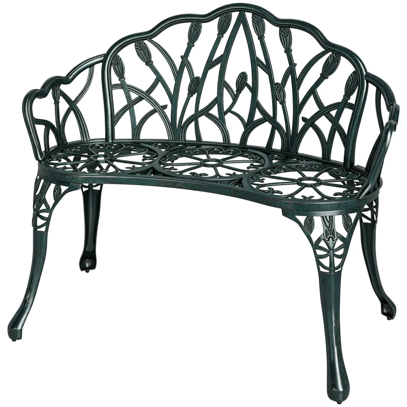 Outsunny Banc de jardin en aluminium moulé, banc extérieur 2 places avec dossier tulipe, assise florale, 99x57x78cm, vert antique