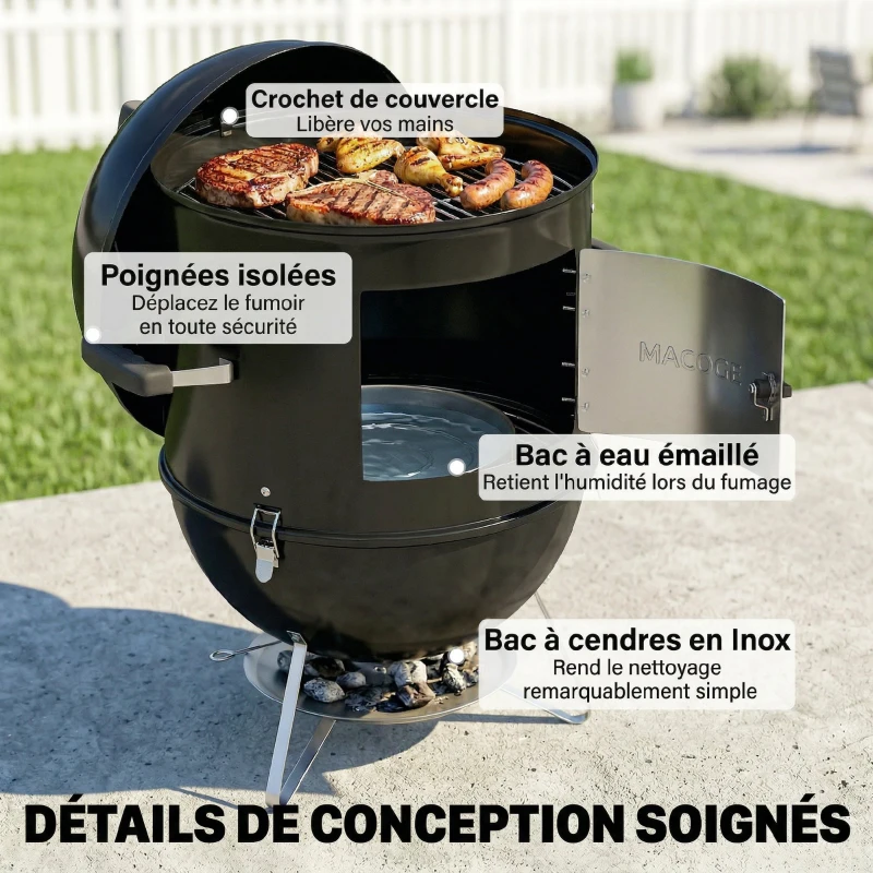 Outsunny Fumoir 3 en 1 avec 3 Grilles de Cuisson, Thermomètre Intégré, Ventilation Réglable, 62,5x47,5x91cm, Noir