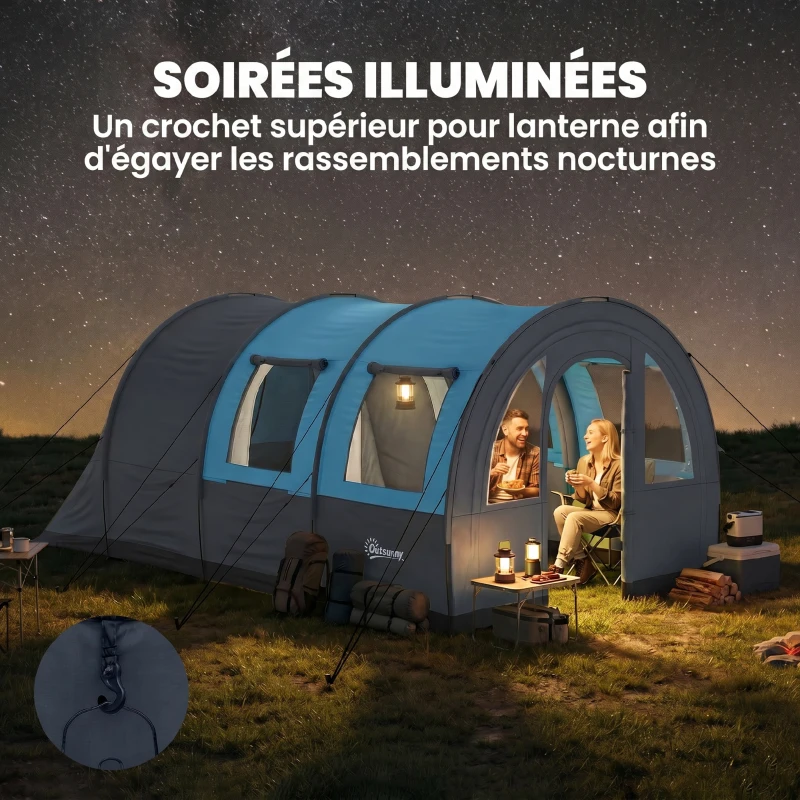 Outsunny Tente de camping 3 personnes avec 2 portes de chambre et sac de transport, dim. 480x260x200 cm