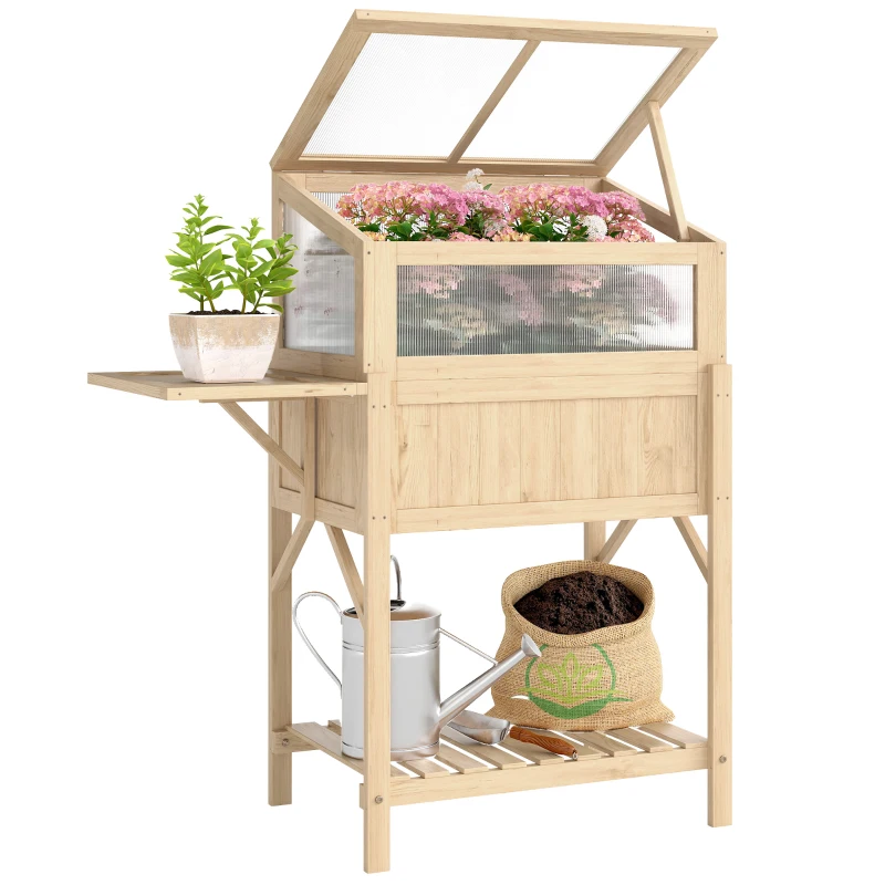 Outsunny Carré potager sur pieds avec serre, jardinière surélevée, table latérale pliante et étagère, 104x50x120cm, bois naturel