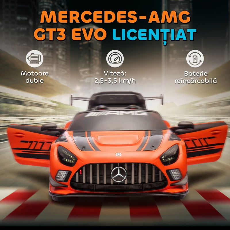 AIYAPLAY Mașină Electrică Copii 3-8 Ani Mercedes-AMG 12V cu Telecomandă, Faruri LED, Roți de Transport, Portocaliu