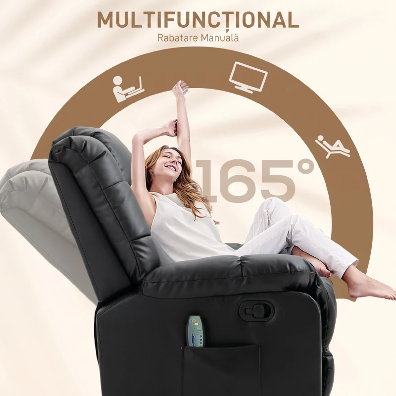 HOMCOM Fotoliu Relax cu 8 Puncte de Masaj și Reclinare la 165° din Piele Ecologică, Negru