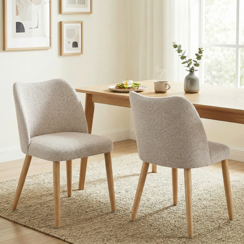 HOMCOM Set di 2 Sedie da Pranzo in Tessuto Effetto Lino e Legno di Caucciù, Seduta Imbottita, Schienale Curvo, Crema