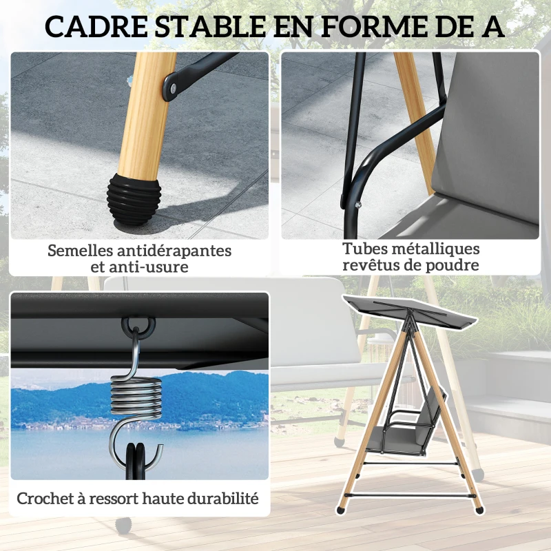 Outsunny Balancelle de Jardin 3 Places, Balançoire Extérieure avec Toit réglable et Coussin Épais Amovible, 208x125x180cm, Gris