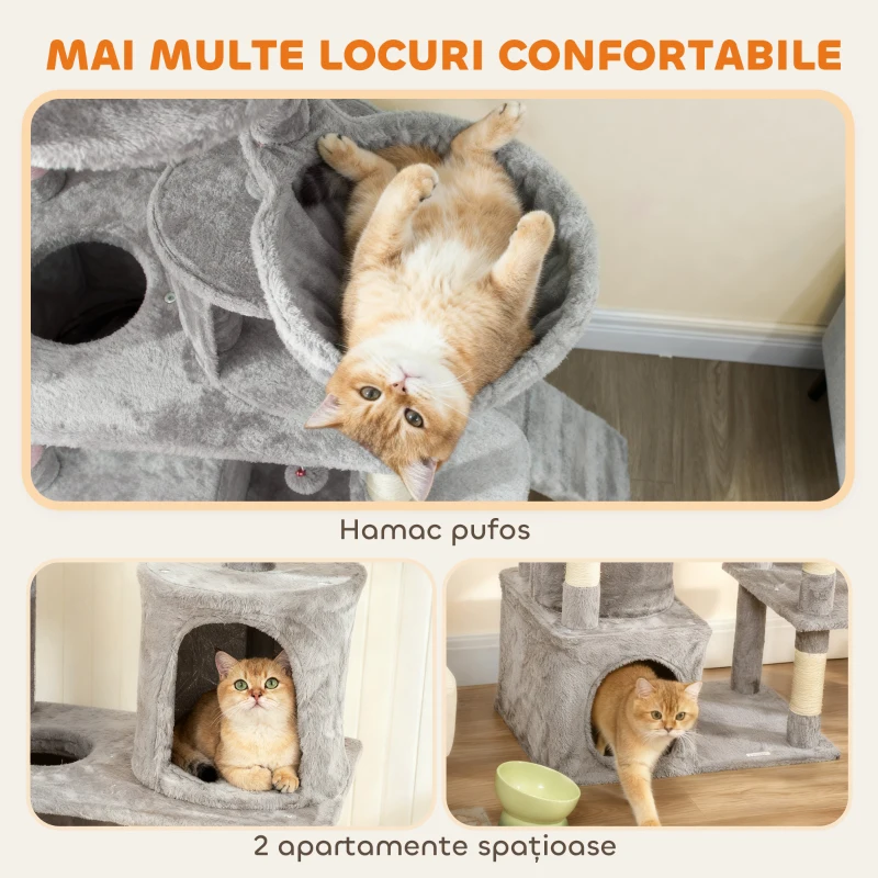 PawHut Ansamblu de Zgâriat pentru Pisici cu 2 Căsuțe, Hamac, Tunel și Pat, Stâlpi cu Sisal, 60x40x170 cm, Gri