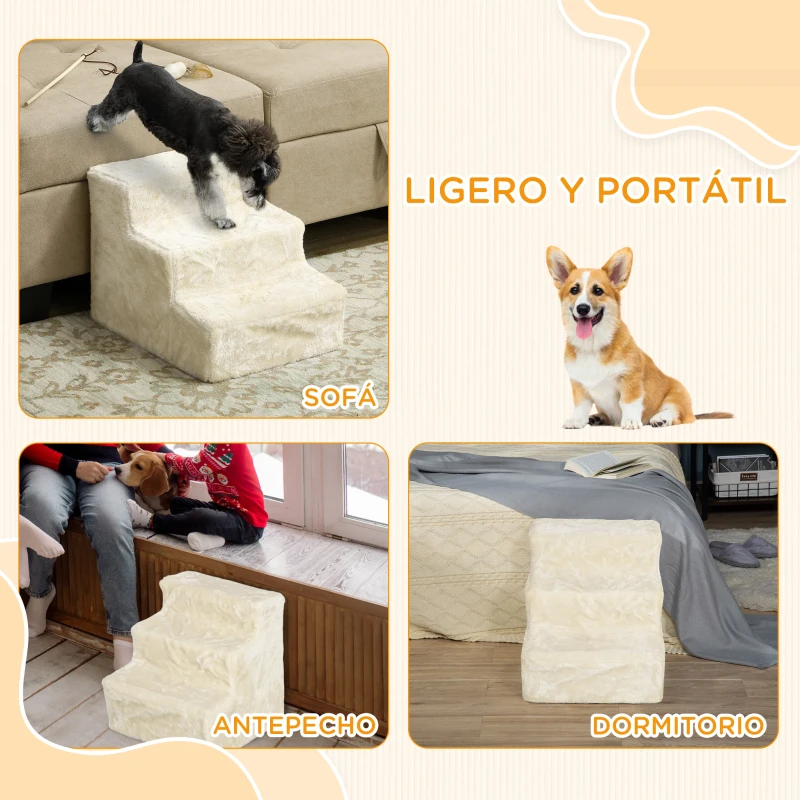PawHut Escalera para Perros de 3 Peldaños con Funda Extraíble y Lavable Rampa para Perros para Cama Sofá 46x35x35 cm Beige