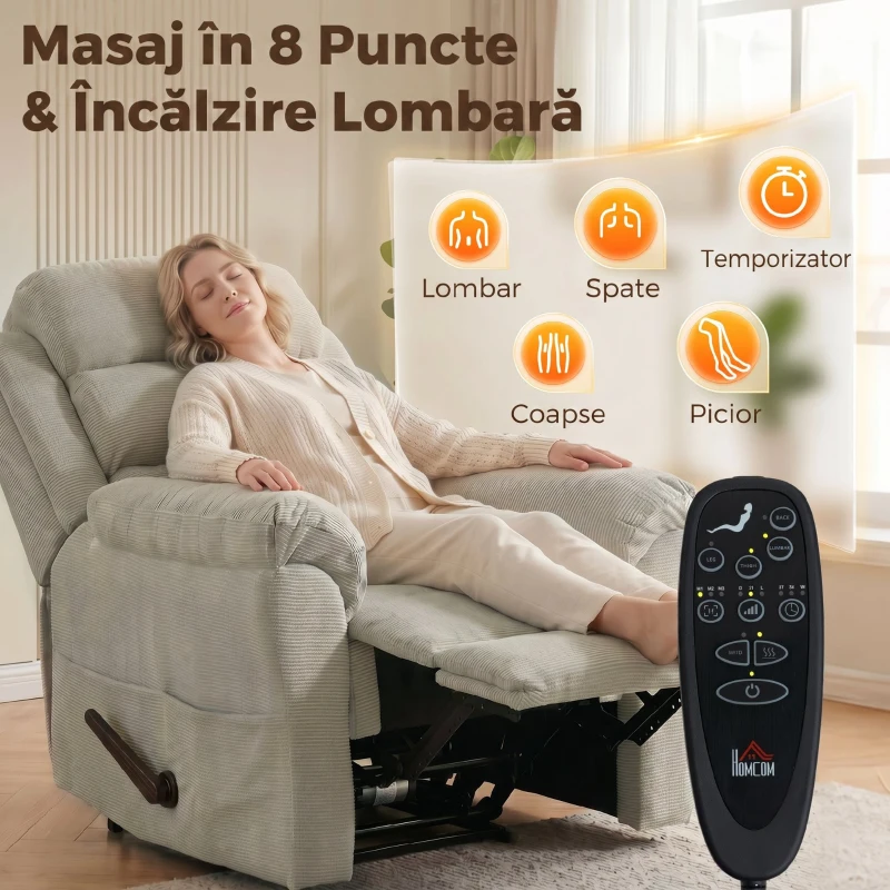 HOMCOM Fotoliu Reclinabil cu Funcție de Masaj și Încălzire, Chenille, Alb Crem