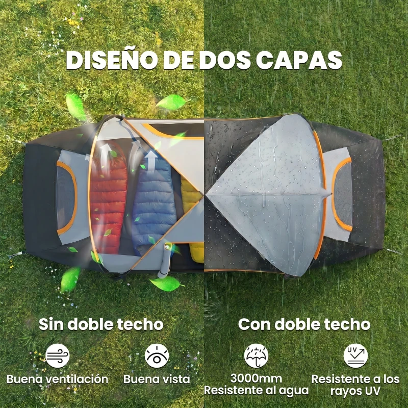 Outsunny Tienda de Acampada para 5 Personas Impermeable 3000mm+ con Bolsa de Transporte y Gancho 455x220x180 cm Gris