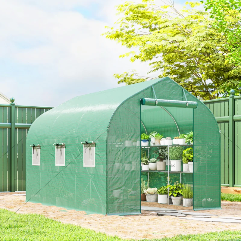 Outsunny Serre tunnel de jardin 6m², serre de jardin avec étagères, porte et 6 fenêtres, cadre en acier galvanisé, vert