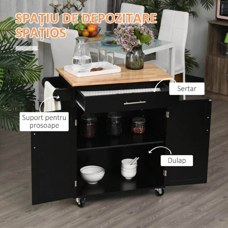 HOMCOM Dulap mobil de bucătărie cu sertar, dulap cu 2 uși, roți și bară laterală, 83x45x91.5cm, negru(m-4)