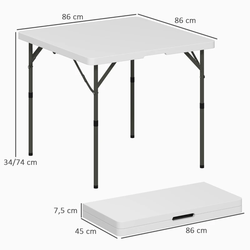 Outsunny Tavolo da Campeggio Pieghevole con 2 Altezze Regolabili in HDPE e Metallo, 86x86x74 cm, Bianco
