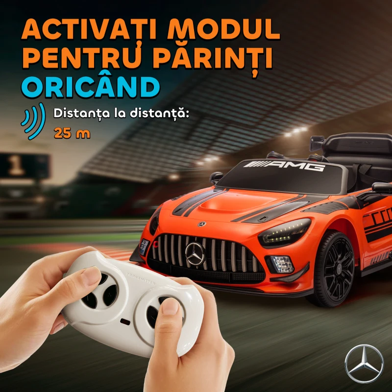AIYAPLAY Mașină Electrică Copii 3-8 Ani Mercedes-AMG 12V cu Telecomandă, Faruri LED, Roți de Transport, Portocaliu