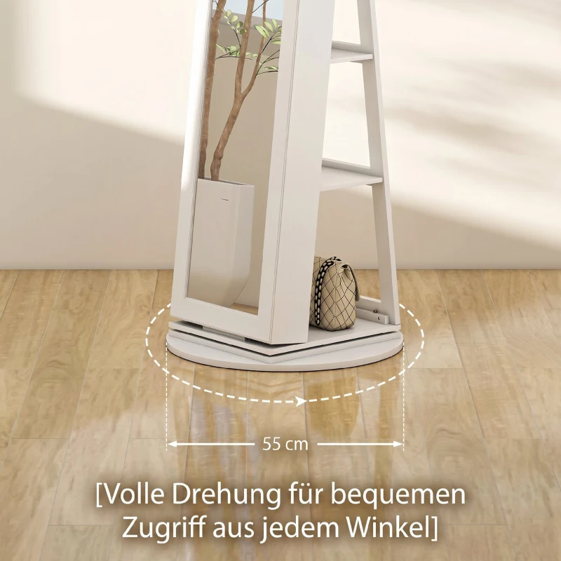 HOMCOM Dulap pentru Bijuterii 3 în 1 Rotativ la 360°, Rafturi din Spate și Ușă cu Cheie, 55x55x161 cm, Alb