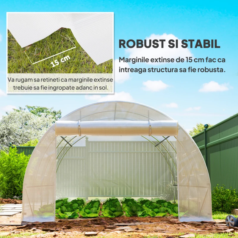 Outsunny Copertină pentru Seră din PE cu 8 Ferestre, Ușă Rulabilă și Margini Îngropate, 4x3x2 m, Alb