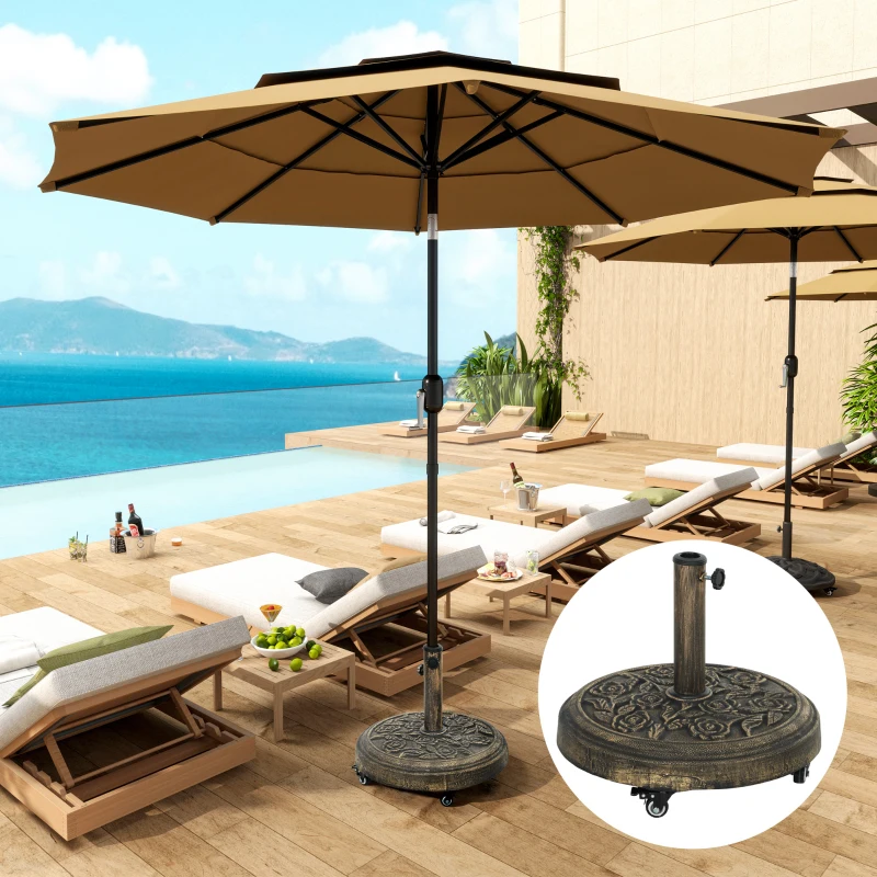Outsunny Base para Sombrilla con Ruedas Diseño Retro Floral Resistente para Jardín Terraza y Piscina Ø49x42 cm Color Bronce