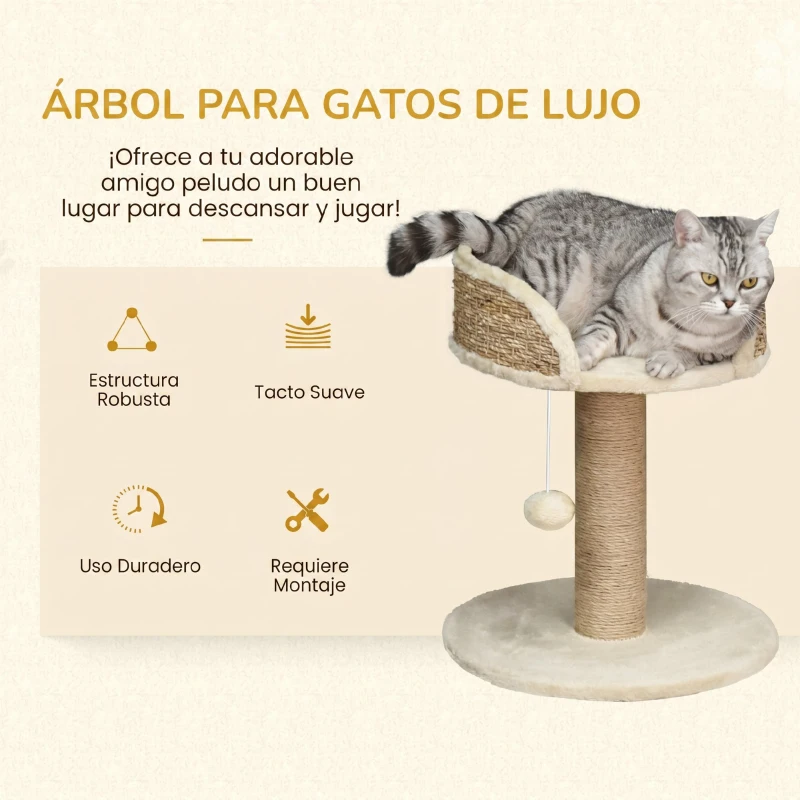 PawHut Árbol Rascador para Gatos Pequeño 49 cm Torre para Gatos con Poste de Yute Cama y Bola Colgante 40x40x49 cm Café