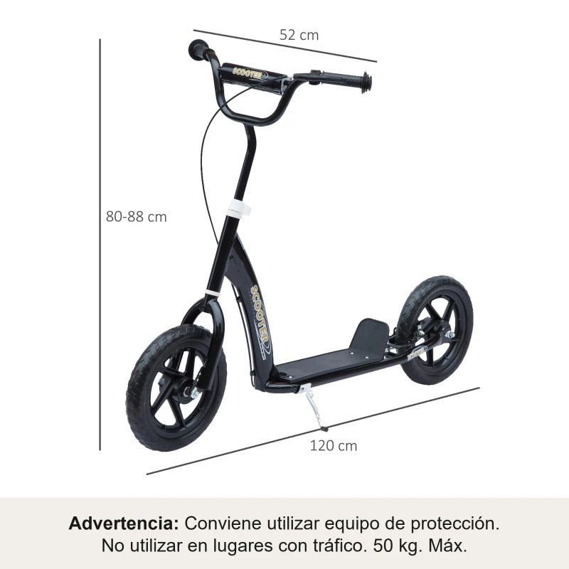 HOMCOM Patinete para Niños de 5-12 Años Scooter de 2 Ruedas Grandes de 12 Pulgadas con Freno y Manillar Ajustable en Altura Carga Máx. 50 kg 120x52x80-88 cm Negro