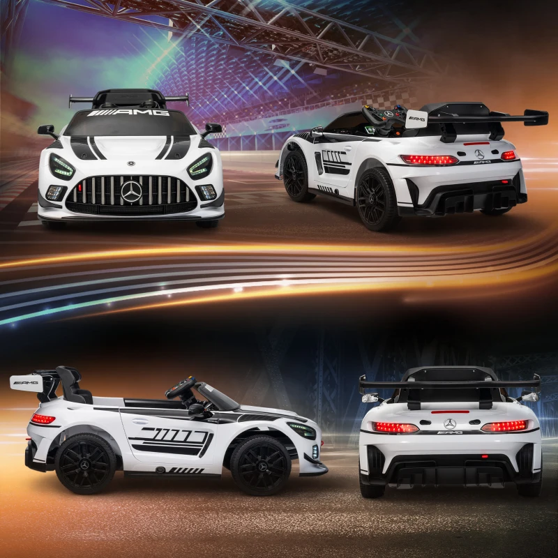 AIYAPLAY Auto Electric pentru Copii de 3-8 Ani Mercedes-AMG 12V cu Telecomandă, Faruri LED, Roți pentru Transport, Alb