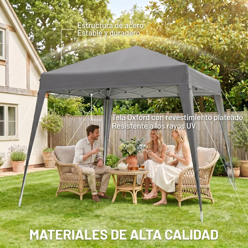 Outsunny Carpa Plegable 2,4x2,4 m, Pop-up, Cenador Pabellón de Jardín, Altura Ajustable con Bolsa de Transporte, Anti-UV, Impermeable, Gazebo para Camping, Fiestas, Exterior, Gris