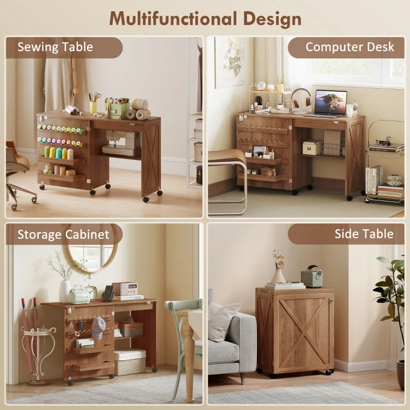 HOMCOM Folding Sewing Table, Rolling Craft Table with Storage compartments, Shelf and Lockable Casters for Small Spaces, Brown