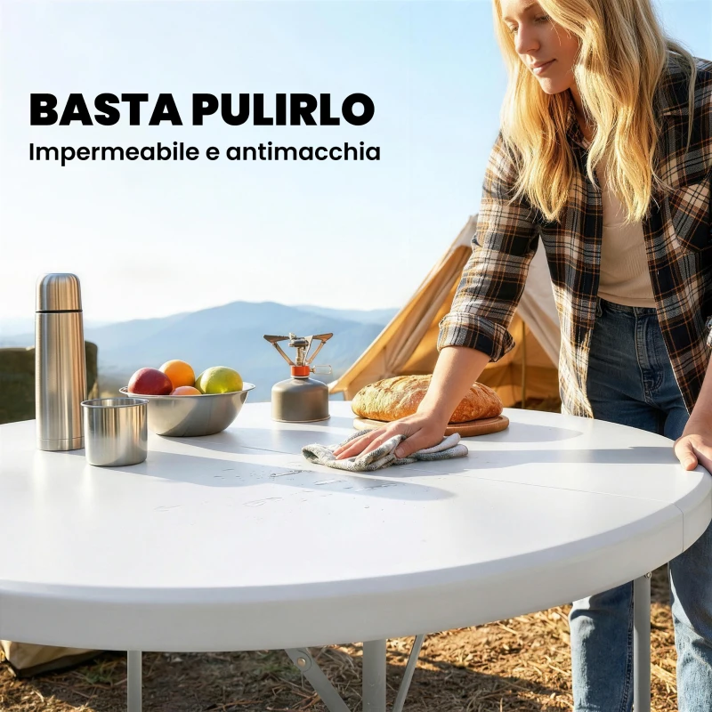Outsunny Tavolo da Campeggio Pieghevole Rotondo in Metallo e HDPE, 120x120x74 cm, Bianco