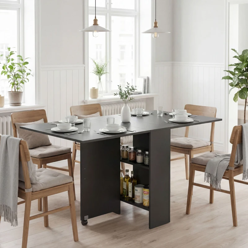 HOMCOM Table pliante de cuisine salle à manger amovible sur roulettes 75 x 140 x 74 cm coloris noir