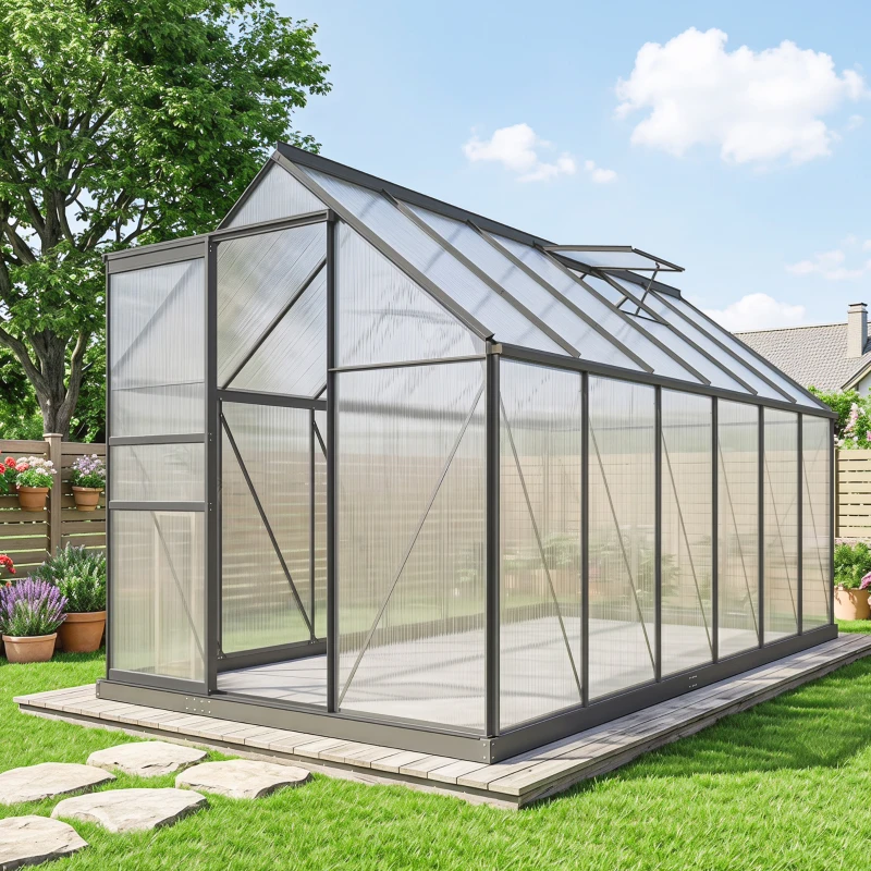 Outsunny Serre de jardin en aluminium polycarbonate avec fondation, serre avec fenêtre réglable porte coulissante 190x375x199cm