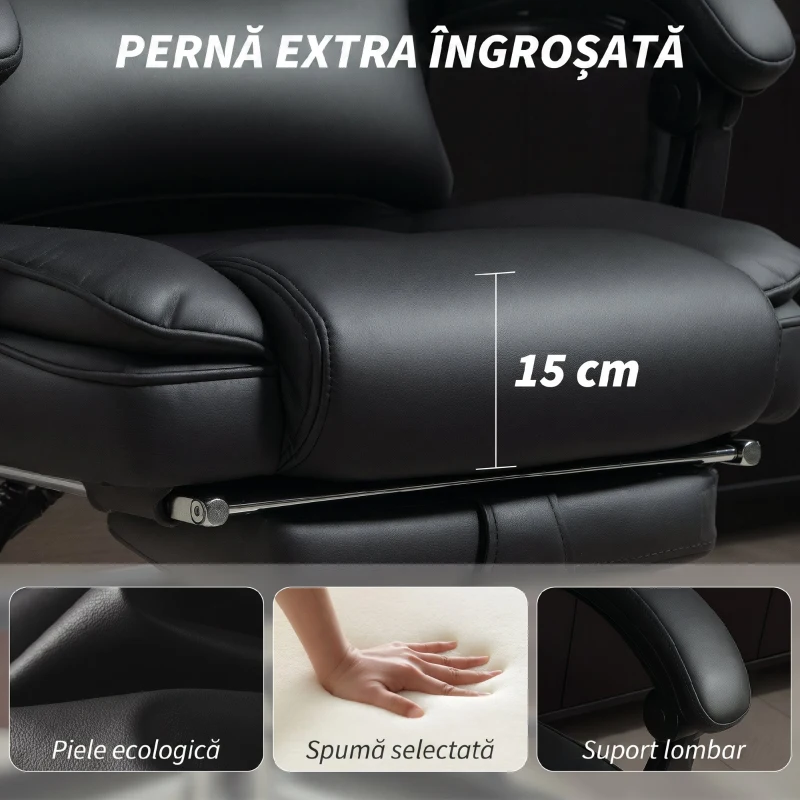 HOMCOM Scaun de Birou din Piele PU cu Suport pentru Picioare, Tetieră Reglabilă și Suport Lombar, Negru