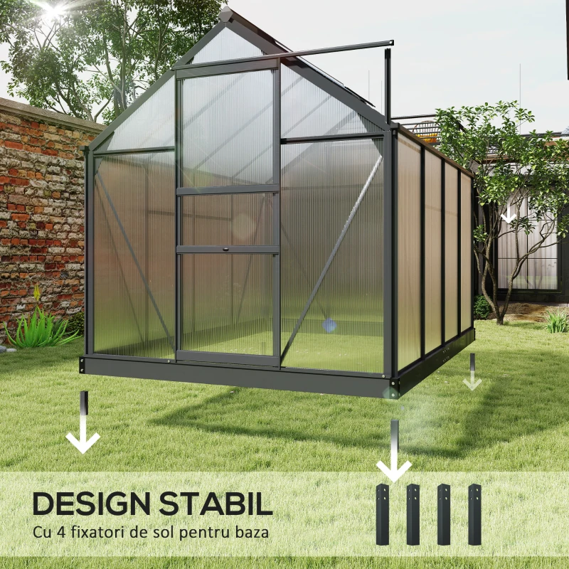 Outsunny Seră din Policarbonat, Seră Exterioară Durabilă cu Cadru din Aluminiu, Ușă și Fereastră pentru Ventilație, 6,2'x8,3'x6,6' Gri
