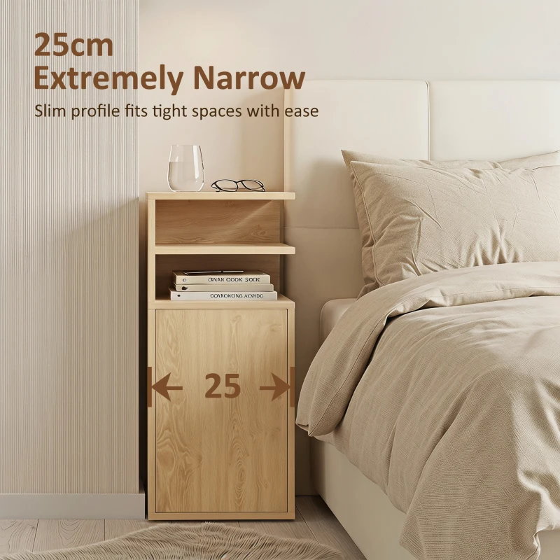 HOMCOM Slim Bedside Table Set of 2, Narrow Bedside Cabinet with Open Cubbies and Cupboard for Bedroom Living Room, Oak