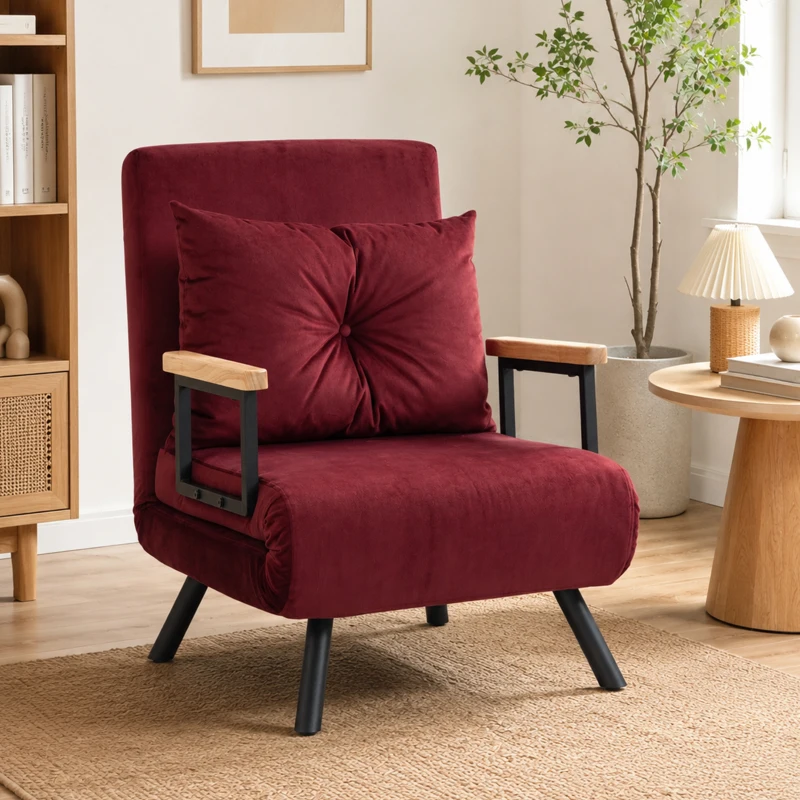 HOMCOM Poltrona-Cama Acolchoada 3 em 1 com Encosto Reclinável em 5 Posições e Almofada, 63x73x81 cm, Vermelho vinho