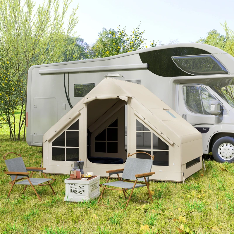 Outsunny Inflatable Camping Tent with Pump, Stove Jack Hole, Easy Setup 2-4 Person Family Blow Up Tent, Waterproof Glamping Luxury Inflatable Tent, Mesh Windows, Doors, Hook, Carry Bag, Beige