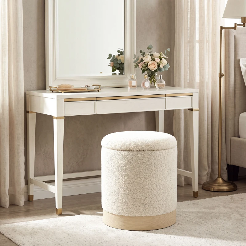 HOMCOM Taburete redondo 38 cm con forro sherpa, almacenaje y patas metálicas efecto madera, Crema
